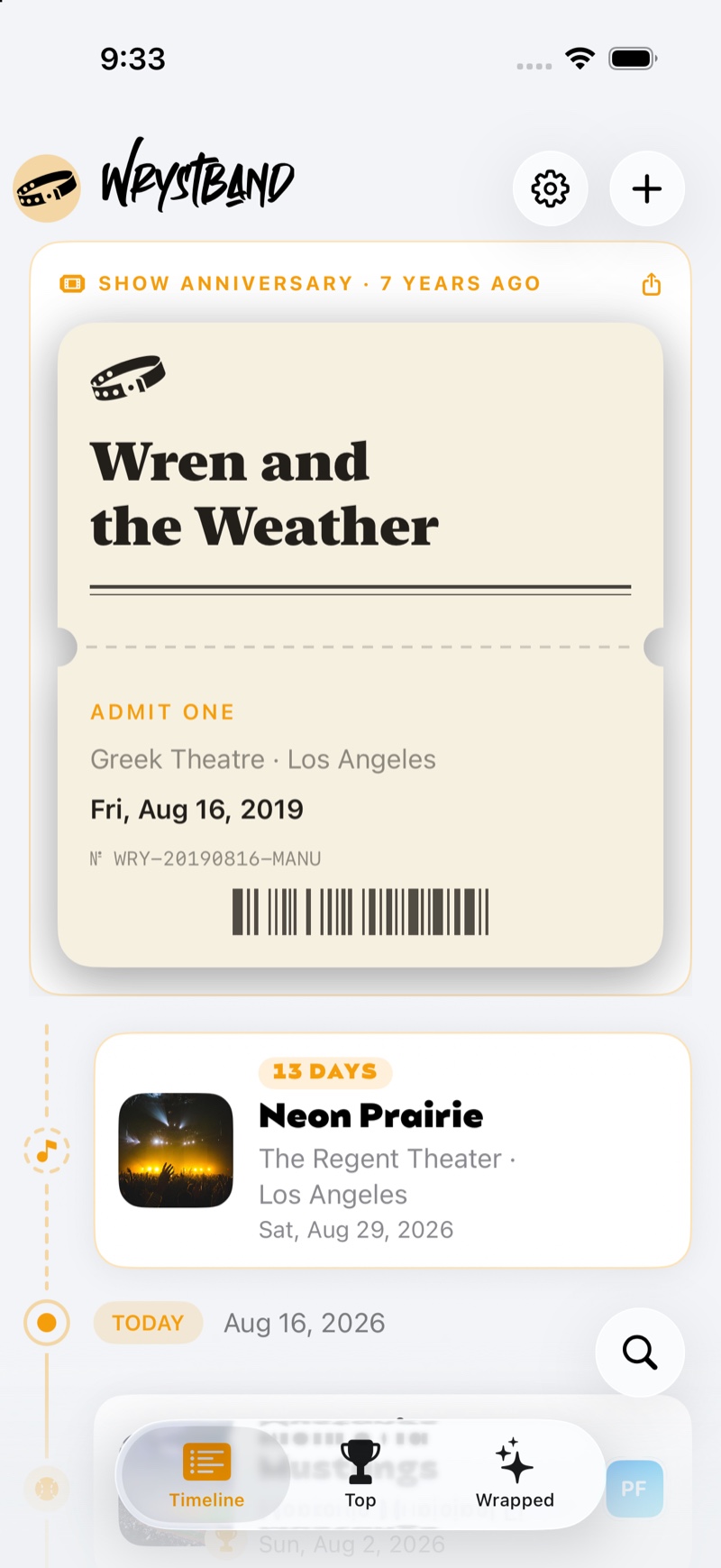 The timeline: a show anniversary stub from seven years ago above the countdown to the next show
