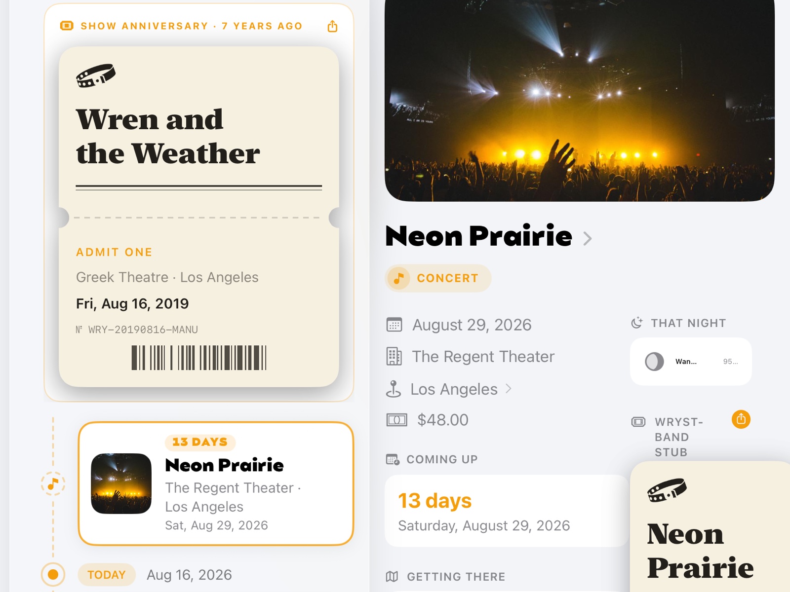 Wrystband on iPad: the timeline beside a show page counting down 13 days to Neon Prairie
