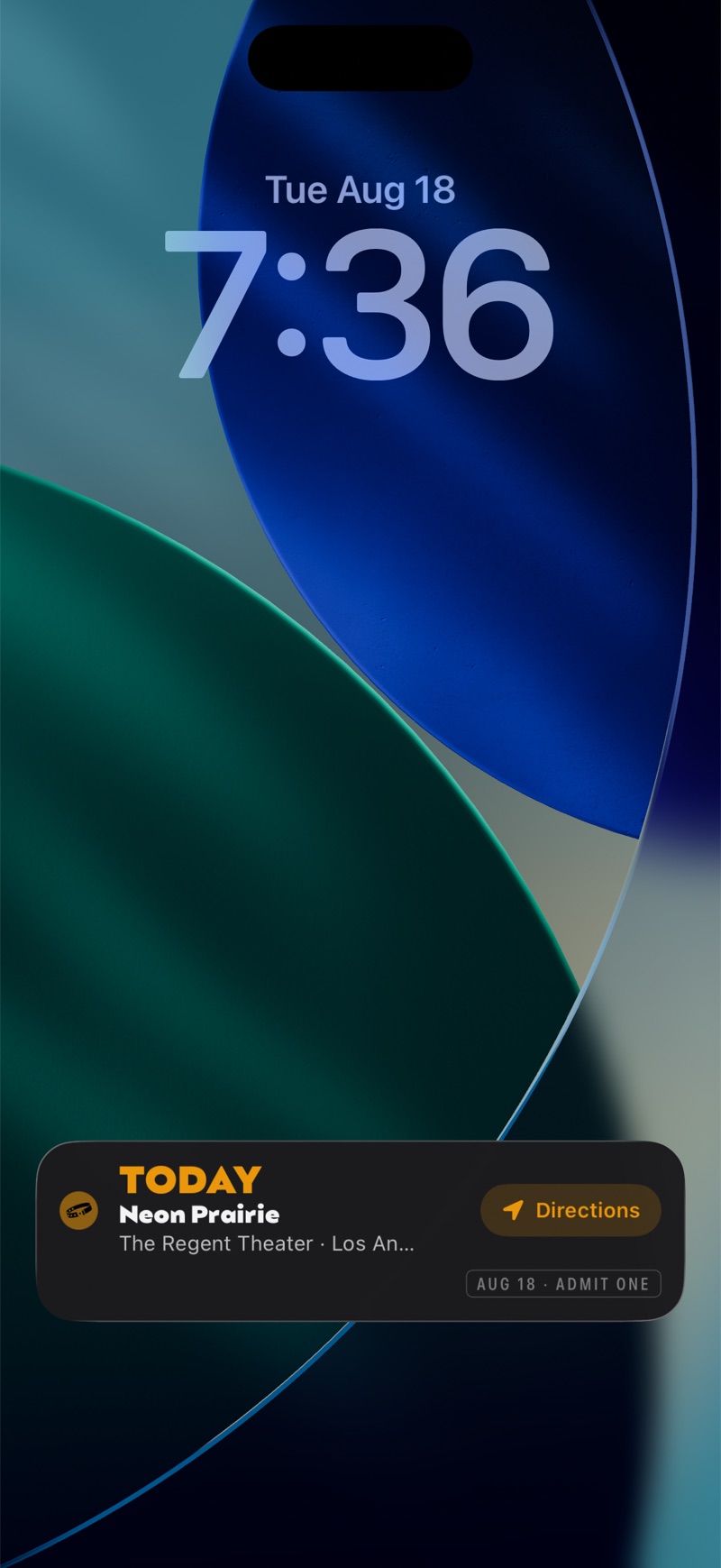 iPhone Lock Screen on show day: the Wrystband Live Activity reads TODAY, Neon Prairie, The Regent Theater, with a Directions button and an Admit One tag