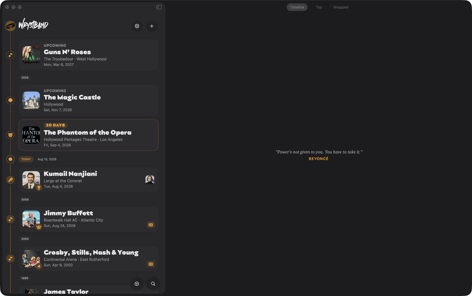Wrystband on the Mac: the timeline with an upcoming show counting down 20 days