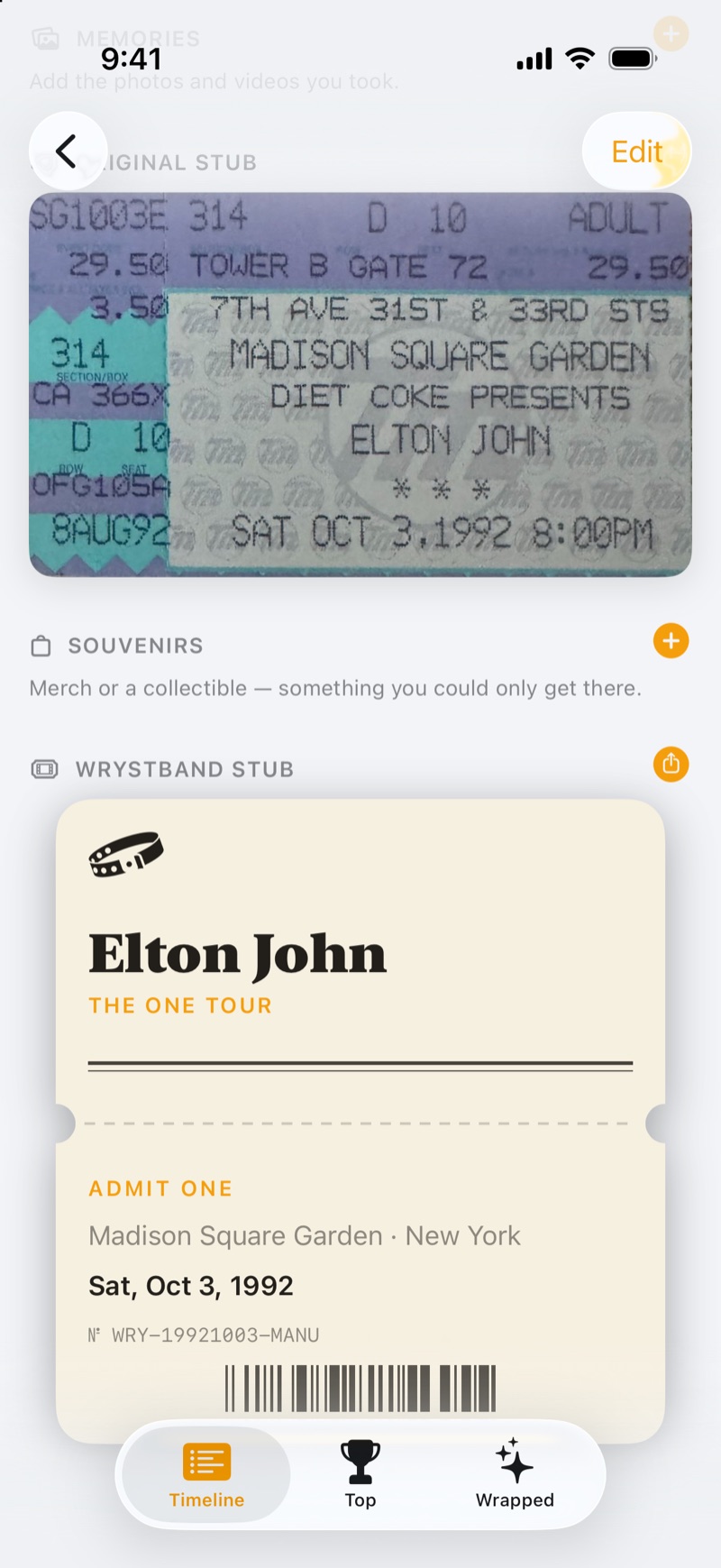 A show page with the original 1992 Madison Square Garden ticket scanned in its printed purple and teal, and the Wrystband stub beneath it
