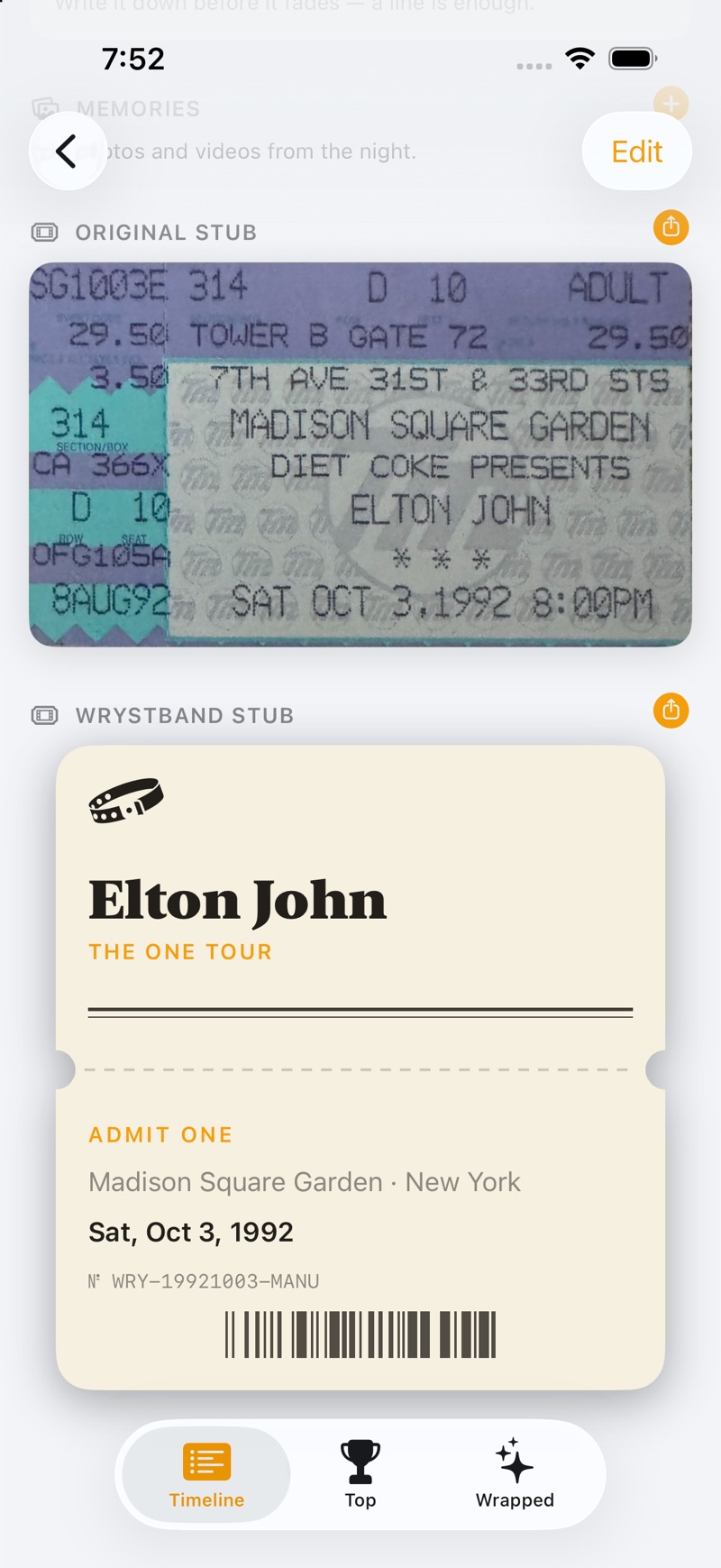 A show page with the original 1992 Madison Square Garden ticket scanned in its printed purple and teal, and the Wrystband stub beneath it