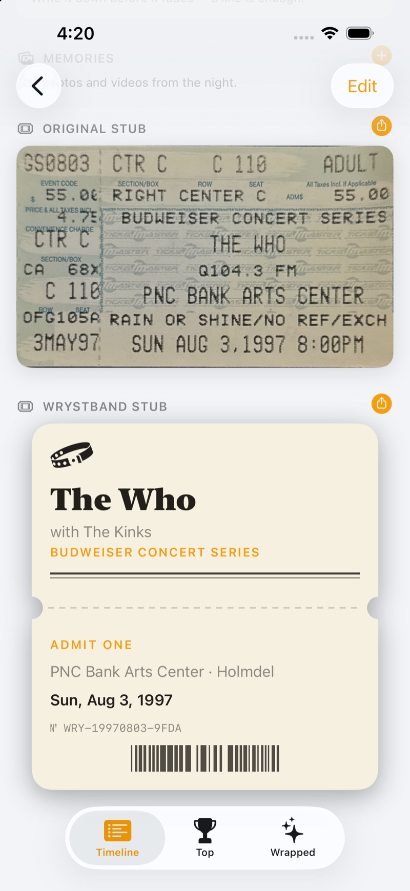 A show page with the original 1997 ticket stub scanned in its printed colour, and the Wrystband stub beneath it