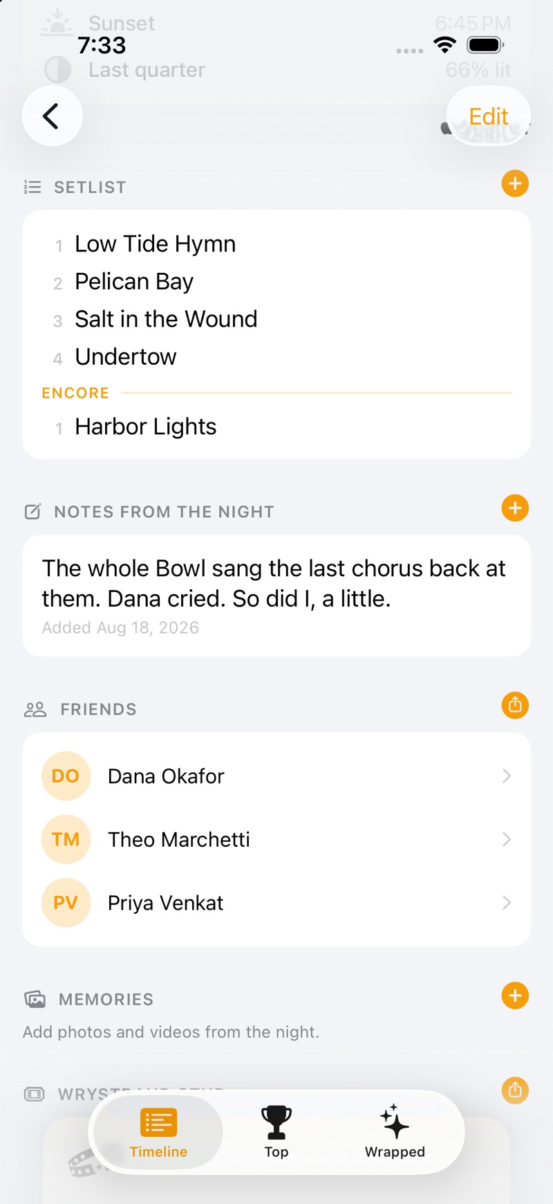 A show page: the setlist with an encore, a note written the morning after, and the three friends who were there