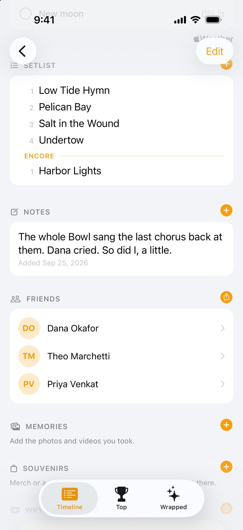 A show page: the setlist with an encore, a note written the morning after, and the three friends who were there