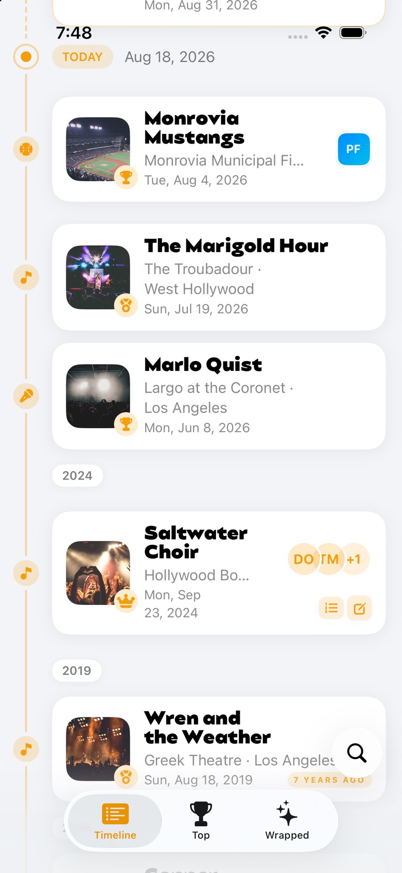 The timeline: today, then a ballgame, a concert, a comedy show, the crowned #1 concert with three friends beside it, and a seven-year anniversary
