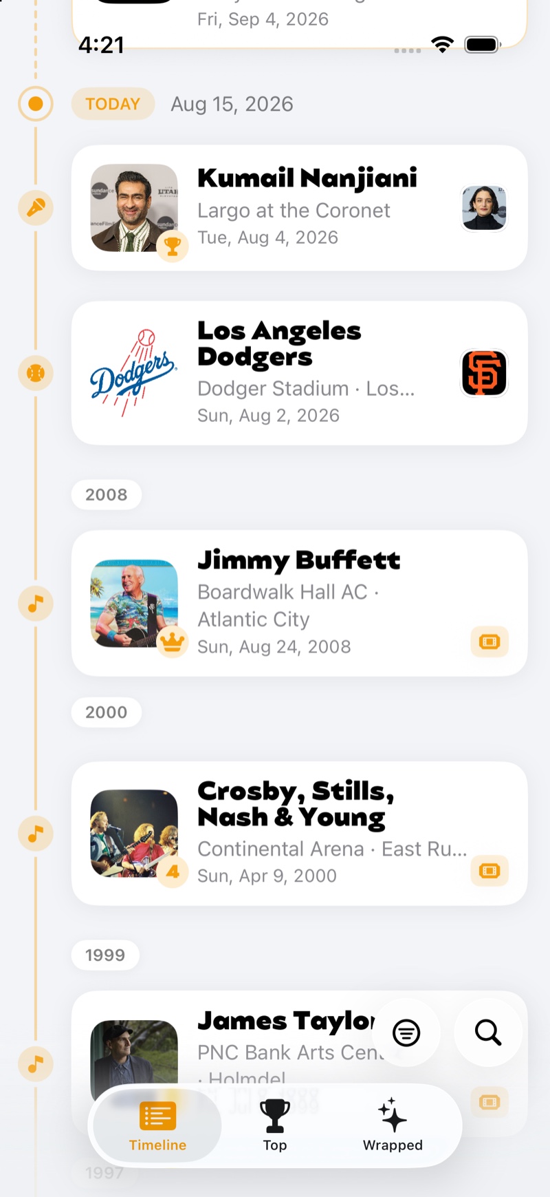 The Wrystband timeline: a comedy show, a Dodgers game, and concerts back to 1997, with crown and stub marks