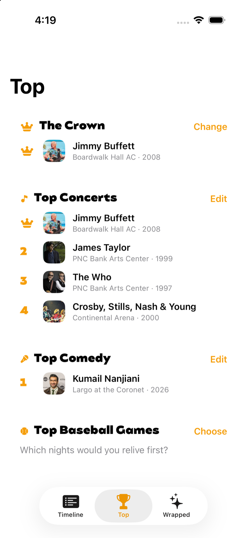 The Top shelf: the Crown, then top concerts ranked, top comedy, and an empty shelf for baseball games